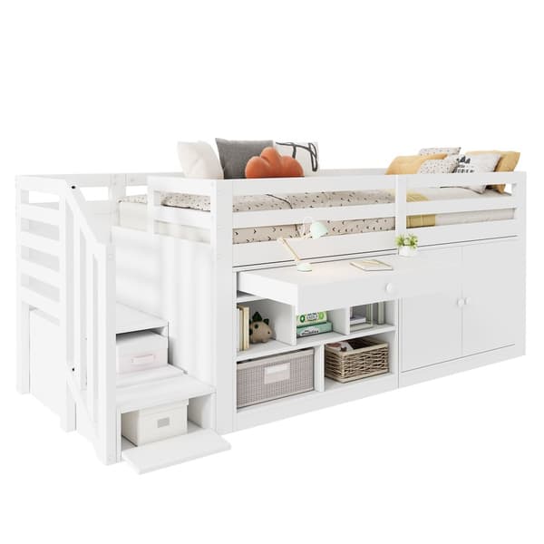 Multifunktionel Kinder bid i træ, med trappe og opbevaring, udskiftelige skabe, vendbare skuffer som skrivebord, 90x200, hvid