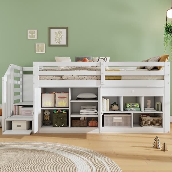 Multifunktionel Kinder bid i træ, med trappe og opbevaring, udskiftelige skabe, vendbare skuffer som skrivebord, 90x200, hvid