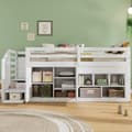 Pikkukuva 1 / 8: Monikäyttöinen Kinder-kuolain puusta, portaat ja säilytystilat, vaihdettavat kaapit, käännettävät laatikot työpöydäksi, 90x200, valkoinen