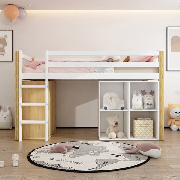 Kinder-korkea sänky, monikäyttöinen 2 kaapilla ja portailla, ilman patjaa, 90 x 200 cm, luonnonvärinen + valkoinen
