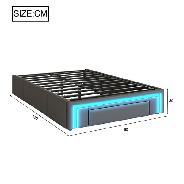 Sengestel 90x200 med skuffer, PU læder, uden sengegavl, med LED-lys, metal latten platform, til moderne soveværelser, grå