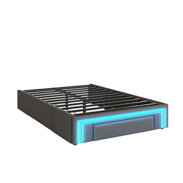 Sengestel 90x200 med skuffer, PU læder, uden sengegavl, med LED-lys, metal latten platform, til moderne soveværelser, grå