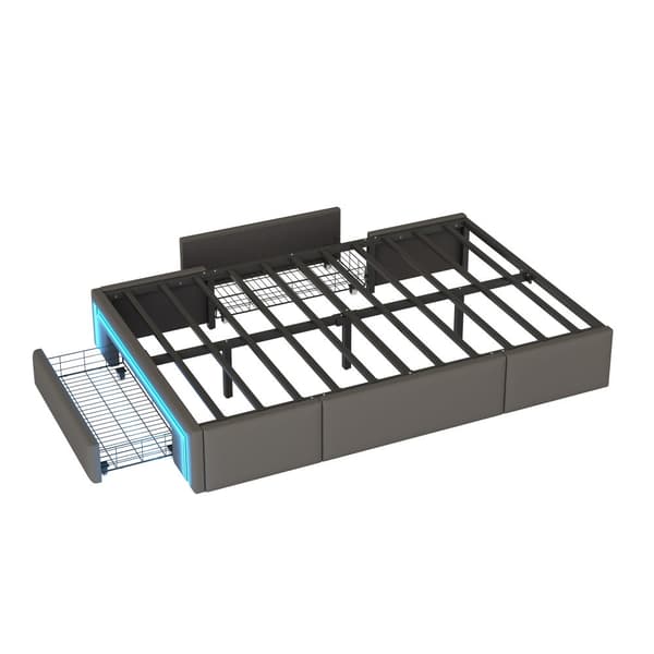 Sengestel 90x200 med skuffer, PU læder, uden sengegavl, med LED-lys, metal latten platform, til moderne soveværelser, grå
