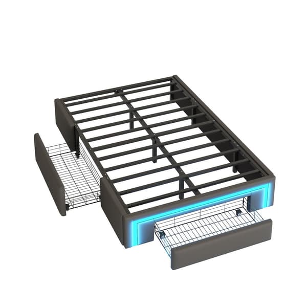 Sengestel 90x200 med skuffer, PU læder, uden sengegavl, med LED-lys, metal latten platform, til moderne soveværelser, grå