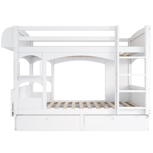 Kinder-Etagenbett, monikäyttöinen, kokoontaitettava työpöytä ja hylly, portaat ja 2 laatikkoa, ilman patjaa, valkoinen, 90x200