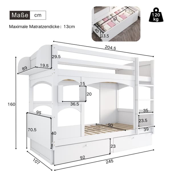 Kinder-Etagenbett, monikäyttöinen, kokoontaitettava työpöytä ja hylly, portaat ja 2 laatikkoa, ilman patjaa, valkoinen, 90x200
