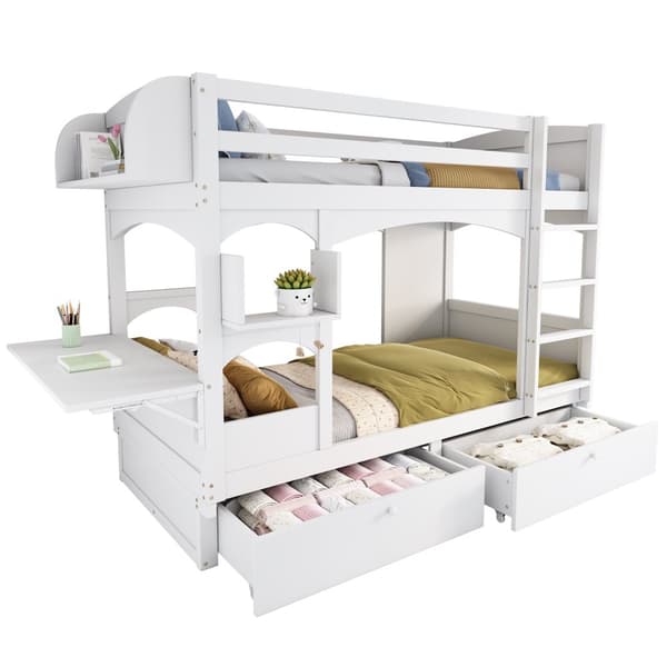 Kinder-Etagenbett, monikäyttöinen, kokoontaitettava työpöytä ja hylly, portaat ja 2 laatikkoa, ilman patjaa, valkoinen, 90x200