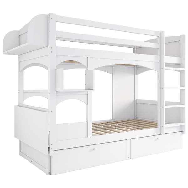 Kinder-Etagenbett, monikäyttöinen, kokoontaitettava työpöytä ja hylly, portaat ja 2 laatikkoa, ilman patjaa, valkoinen, 90x200