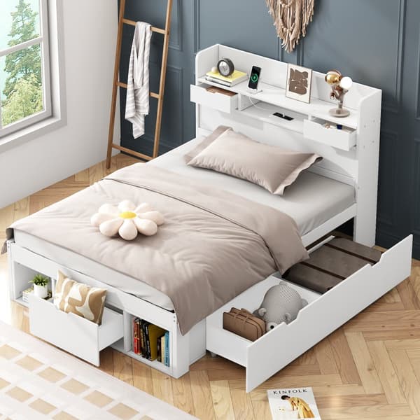 Enkeltseng 90x200 cm, med USB-port, skuffer og opbevaring, multifunktionel, uden madras, hvid