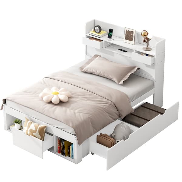 Enkeltseng 90x200 cm, med USB-port, skuffer og opbevaring, multifunktionel, uden madras, hvid