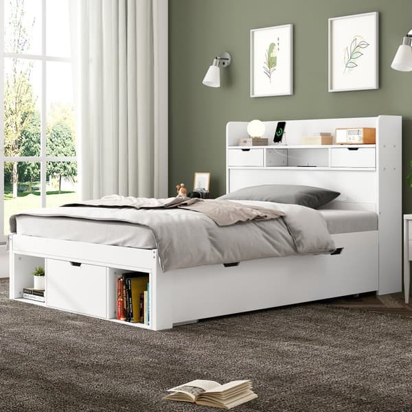 Enkeltseng 90x200 cm, med USB-port, skuffer og opbevaring, multifunktionel, uden madras, hvid