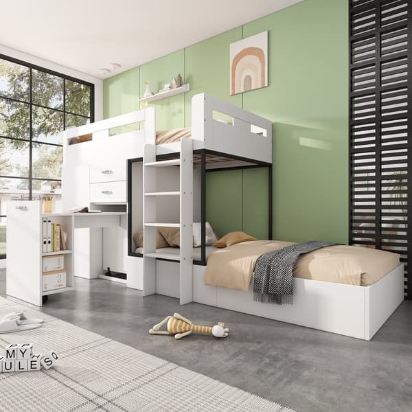 Etäinen 90x200 cm, mitä ausziehbarem Schreibtisch, Garderobe, Schubladen, Regalen und Leitern, Multifunktionales Kinderbett, Weiß