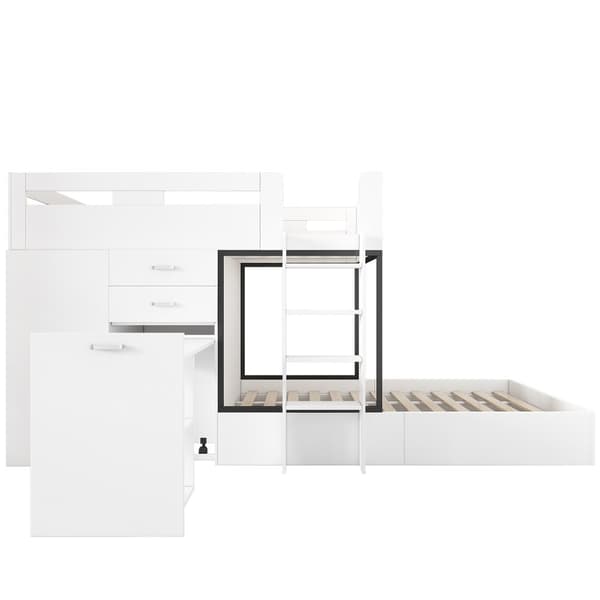 Etäinen 90x200 cm, mitä ausziehbarem Schreibtisch, Garderobe, Schubladen, Regalen und Leitern, Multifunktionales Kinderbett, Weiß
