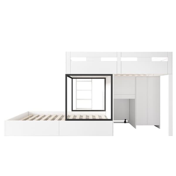 Etagenbett 90x200 cm, mit ausziehbarem Schreibtisch, Garderobe, Schubladen, Regalen und Leitern, Multifunktionales Kinderbett, Weiß