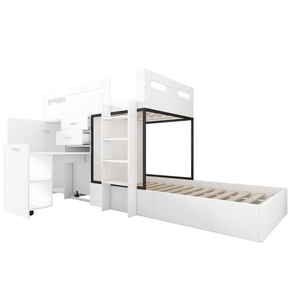 Etagenbett 90x200 cm, mit ausziehbarem Schreibtisch, Garderobe, Schubladen, Regalen und Leitern, Multifunktionales Kinderbett, Weiß