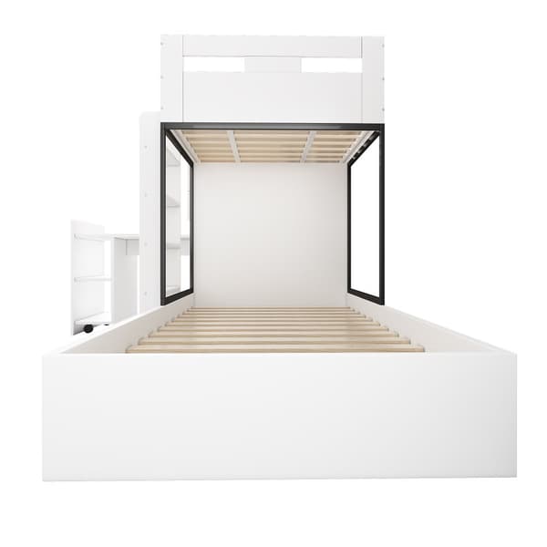 Etagenbett 90x200 cm, mit ausziehbarem Schreibtisch, Garderobe, Schubladen, Regalen und Leitern, Multifunktionales Kinderbett, Weiß