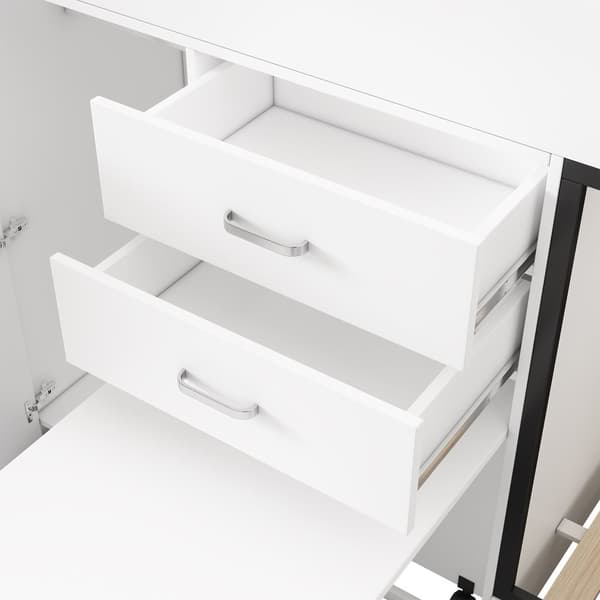Etagenbett 90x200 cm, mit ausziehbarem Schreibtisch, Garderobe, Schubladen, Regalen und Leitern, Multifunktionales Kinderbett, Weiß