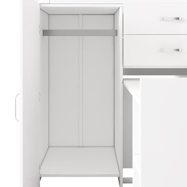 Etagenbett 90x200 cm, mit ausziehbarem Schreibtisch, Garderobe, Schubladen, Regalen und Leitern, Multifunktionales Kinderbett, Weiß