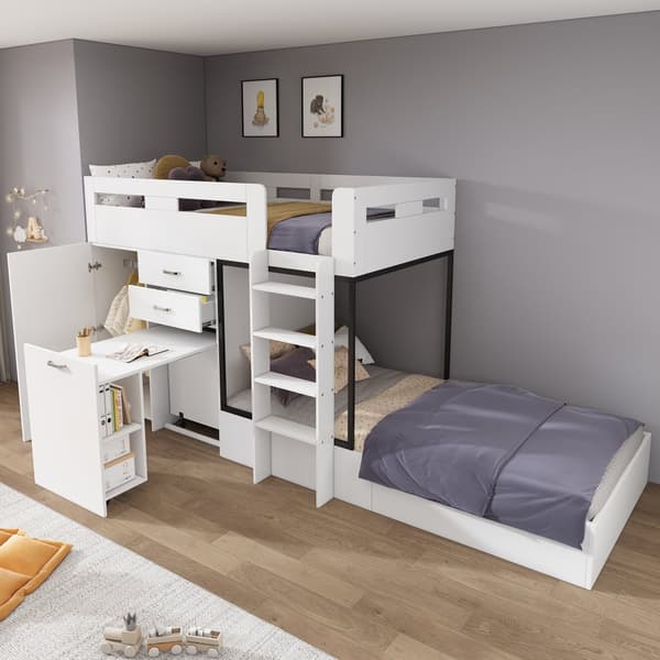 Etagenbett 90x200 cm, mit ausziehbarem Schreibtisch, Garderobe, Schubladen, Regalen und Leitern, Multifunktionales Kinderbett, Weiß