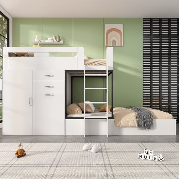 Etagenbett 90x200 cm, mit ausziehbarem Schreibtisch, Garderobe, Schubladen, Regalen und Leitern, Multifunktionales Kinderbett, Weiß