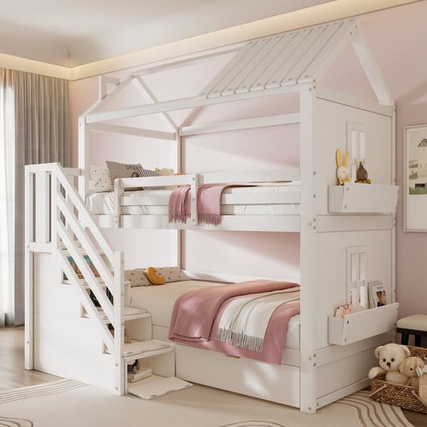 Kinder-Etagenbit 90x200 cm, Multifunktionel Bett med Stauraum Treppe, Schubladen & Regalen, Extra Stauraum, Kiefer & MDF, Weiß
