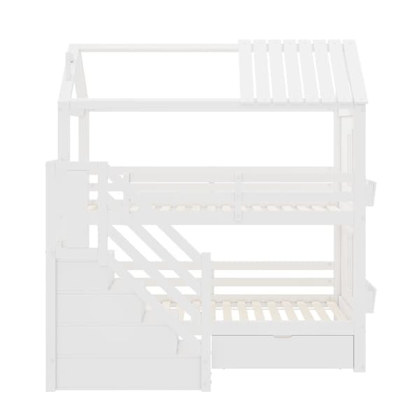 Kinder-Etagenbit 90x200 cm, Multifunktionel Bett med Stauraum Treppe, Schubladen & Regalen, Extra Stauraum, Kiefer & MDF, Weiß
