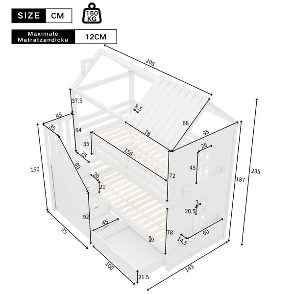 Kinder-Etagenbit 90x200 cm, Multifunktionel Bett med Stauraum Treppe, Schubladen & Regalen, Extra Stauraum, Kiefer & MDF, Weiß