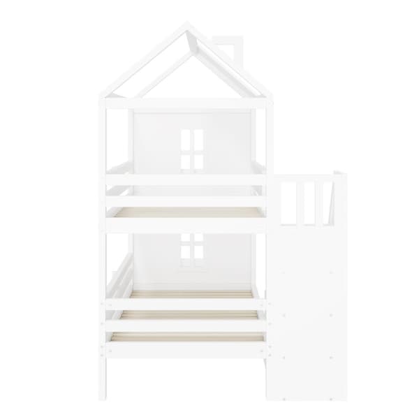 Kinder-Etagenbit 90x200 cm, Multifunktionel Bett med Stauraum Treppe, Schubladen & Regalen, Extra Stauraum, Kiefer & MDF, Weiß