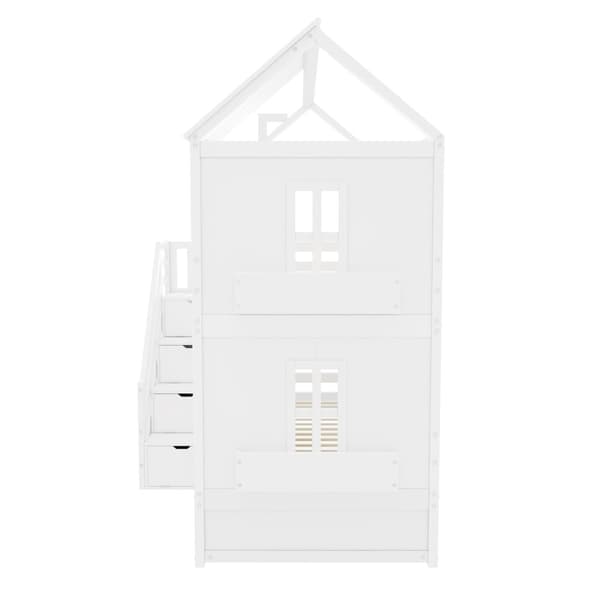 Kinder-Etagenbit 90x200 cm, Multifunktionel Bett med Stauraum Treppe, Schubladen & Regalen, Extra Stauraum, Kiefer & MDF, Weiß