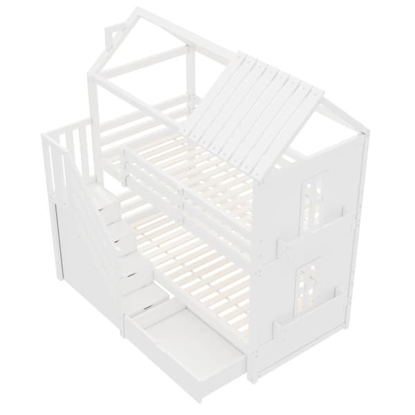 Kinder-Etagenbit 90x200 cm, Multifunktionel Bett med Stauraum Treppe, Schubladen & Regalen, Extra Stauraum, Kiefer & MDF, Weiß