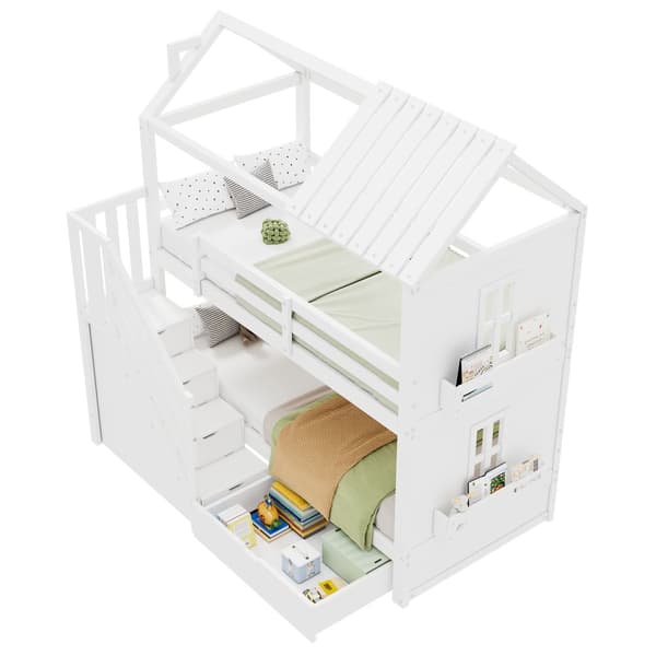 Kinder-Etagenbit 90x200 cm, Multifunktionel Bett med Stauraum Treppe, Schubladen & Regalen, Extra Stauraum, Kiefer & MDF, Weiß