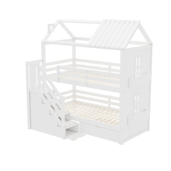 Kinder-Etagenbit 90x200 cm, Multifunktionel Bett med Stauraum Treppe, Schubladen & Regalen, Extra Stauraum, Kiefer & MDF, Weiß