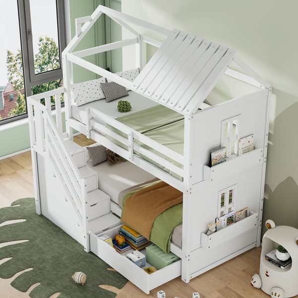Kinder-Etagenbit 90x200 cm, Multifunktionel Bett med Stauraum Treppe, Schubladen & Regalen, Extra Stauraum, Kiefer & MDF, Weiß