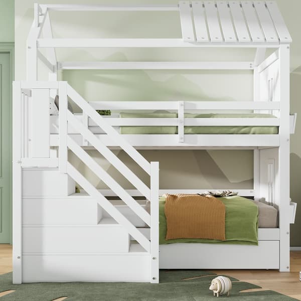Kinder-Etagenbit 90x200 cm, Multifunktionel Bett med Stauraum Treppe, Schubladen & Regalen, Extra Stauraum, Kiefer & MDF, Weiß