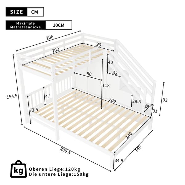 Etagen kuolain vaatekaapilla, 90*200cm+140*200cm, monitoiminen lastensänky, säilytysportailla, ilman patjaa, valkoinen