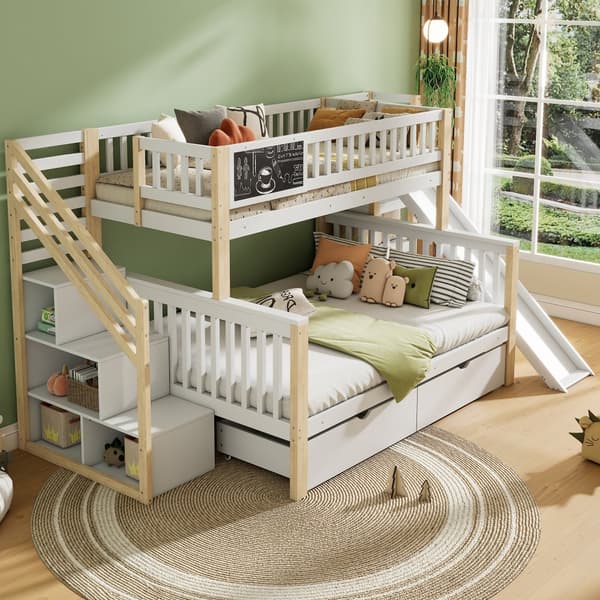 Hausbett, Kinderbett, Etagenbett, Graffiti-Brett, Treppe, Aufbewahrung, Slider, Tafel, 140*200cm & 90*200cm, Weiß