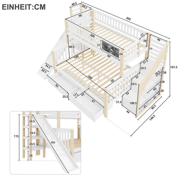 Hausbett, Kinderbett, Etagenbett, Graffiti-Brett, Treppe, Aufbewahrung, Slider, Tafel, 140*200cm & 90*200cm, Weiß