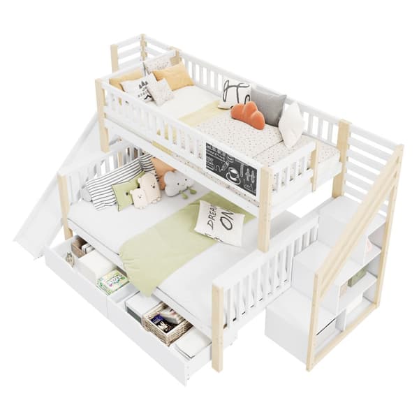 Hausbett, Kinderbett, Etagenbett, Graffiti-Brett, Treppe, Aufbewahrung, Slider, Tafel, 140*200cm & 90*200cm, Weiß
