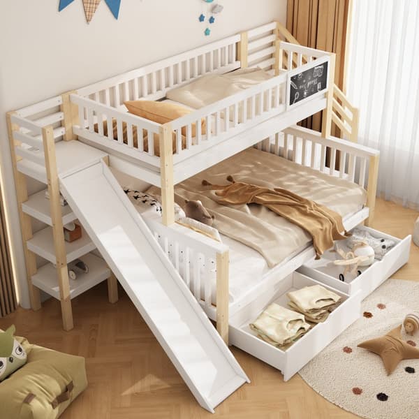 Hausbett, Kinderbett, Etagenbett, Graffiti-Brett, Treppe, Aufbewahrung, Slider, Tafel, 140*200cm & 90*200cm, Weiß