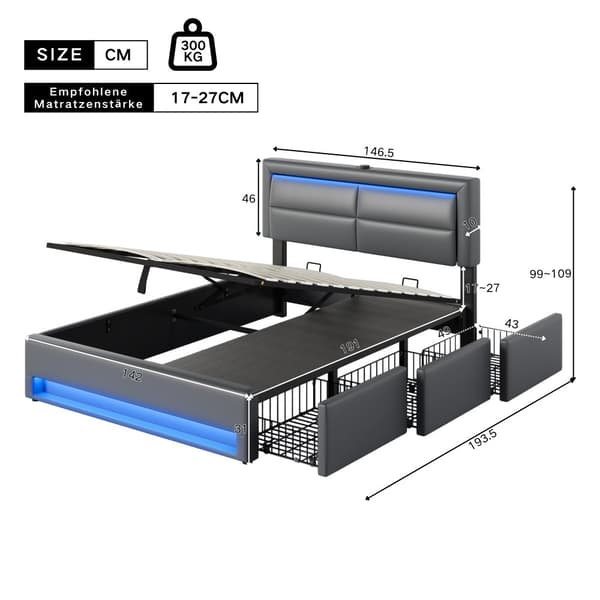 Verhoilukärki 140x190 cm, hydrauliikka, USB-portilla, LED-valaistuksella ja 3 säilytyslaatikolla, ilman patjaa, harmaa PU-litsikuvio