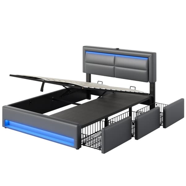 Verhoilukärki 140x190 cm, hydrauliikka, USB-portilla, LED-valaistuksella ja 3 säilytyslaatikolla, ilman patjaa, harmaa PU-litsikuvio