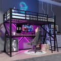 Miniatyrbillede 3 af 11: Høj seng 90x200cm - Metal Ramme, LED Light Bar, Gelænder, Trapper, Skrivebord - Sort
