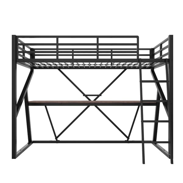 Høj seng 90x200cm - Metal Ramme, LED Light Bar, Gelænder, Trapper, Skrivebord - Sort