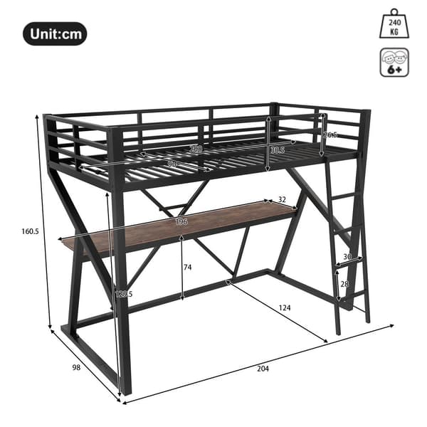 Høj seng 90x200cm - Metal Ramme, LED Light Bar, Gelænder, Trapper, Skrivebord - Sort