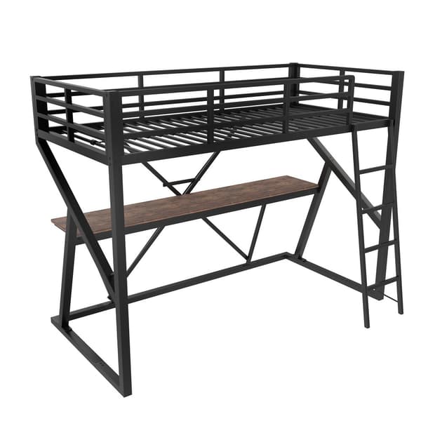 Høj seng 90x200cm - Metal Ramme, LED Light Bar, Gelænder, Trapper, Skrivebord - Sort