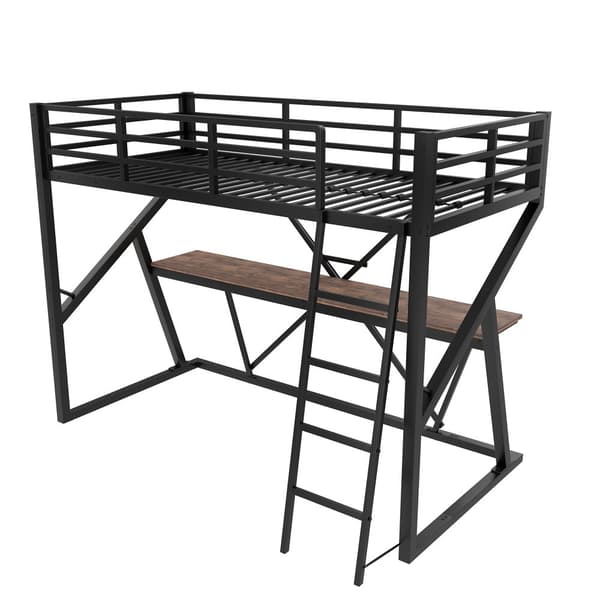 Høj seng 90x200cm - Metal Ramme, LED Light Bar, Gelænder, Trapper, Skrivebord - Sort