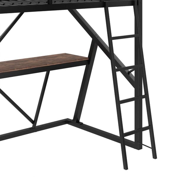 Høj seng 90x200cm - Metal Ramme, LED Light Bar, Gelænder, Trapper, Skrivebord - Sort