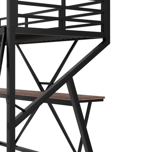 Høj seng 90x200cm - Metal Ramme, LED Light Bar, Gelænder, Trapper, Skrivebord - Sort