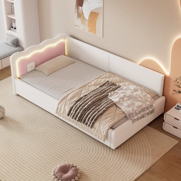 Daybett 90x200cm - Tagesbitt, Schlafsofa, LED-Umgebungslicht med fjernbetjening - Vliesimitate, hvid