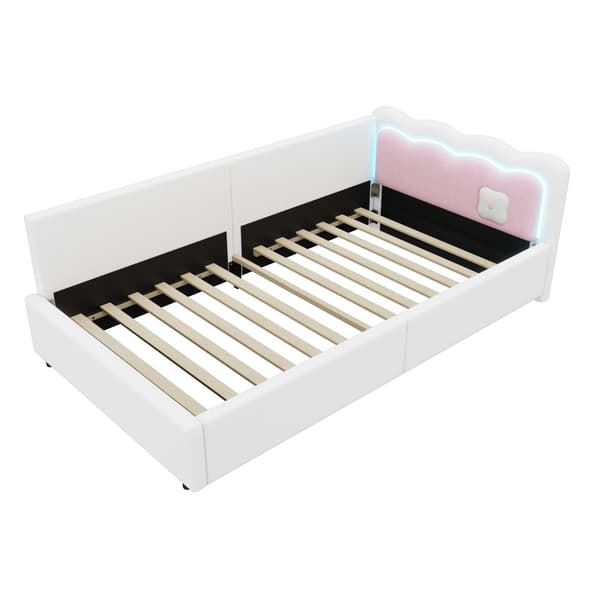 Daybett 90x200cm - Tagesbitt, Schlafsofa, LED-Umgebungslicht med fjernbetjening - Vliesimitate, hvid